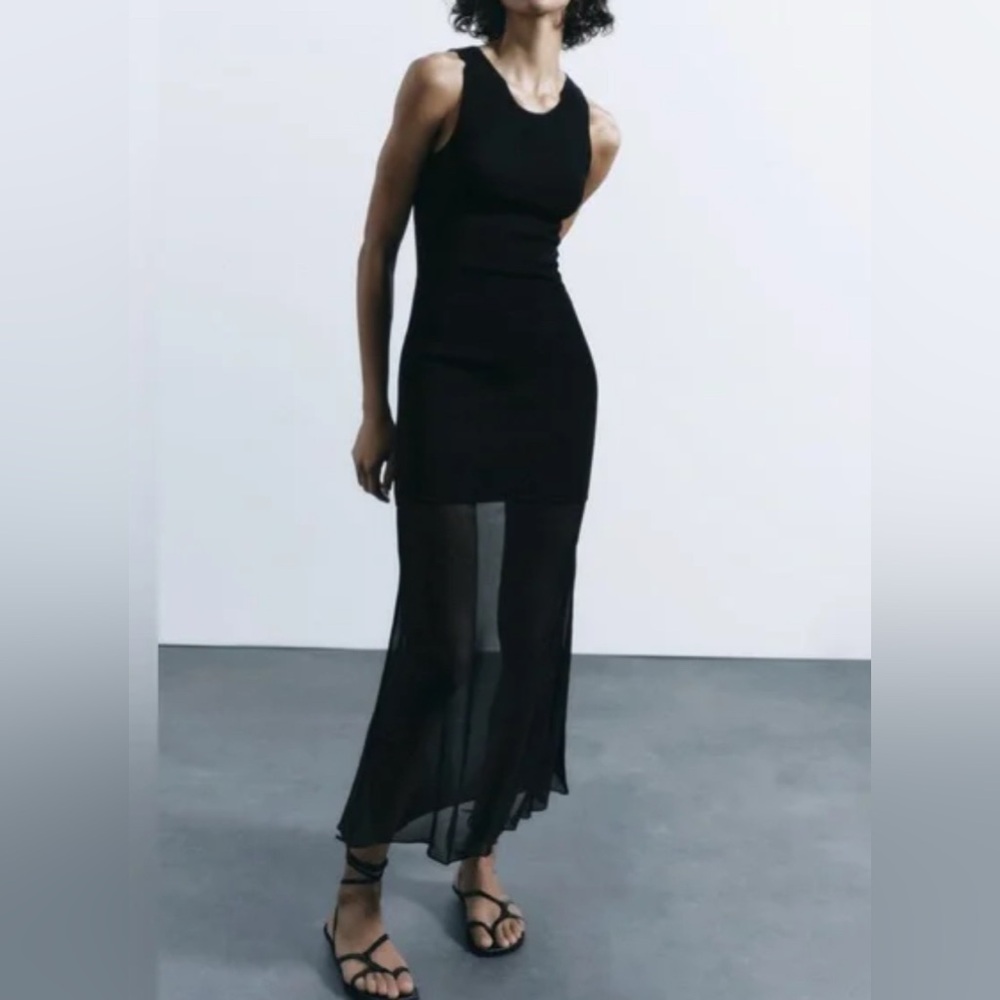 Zara Long Black Slit Dress with Semi-Sheer Hemline